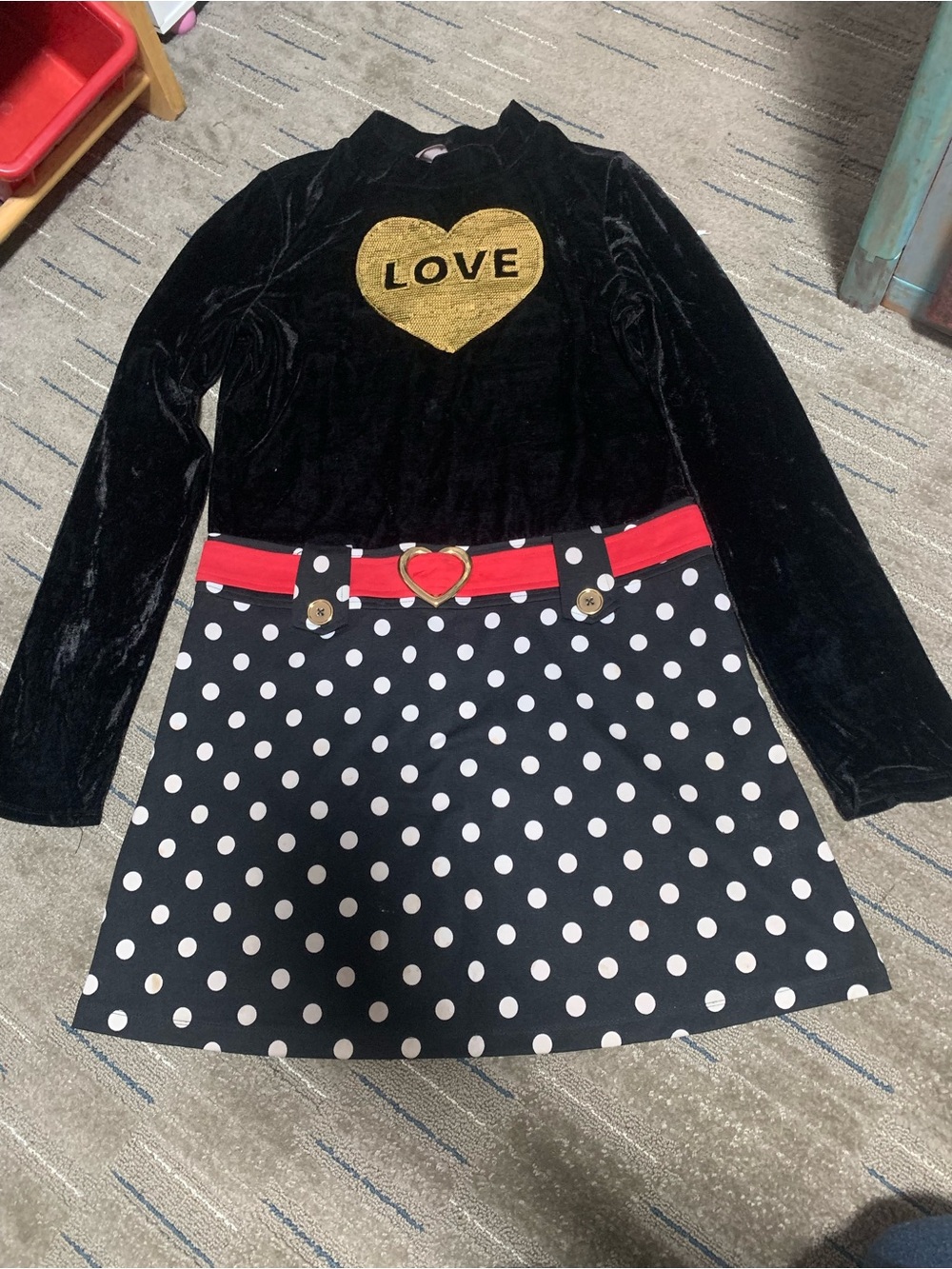 CRB Girl Dress XL 18 Black Velvet Gold Sequin Heart Love Polka Dot Red Belt